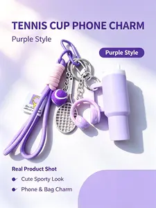 Tennis Mini Tumbler Keychain With Headphone Tennis Ball Silver Racket Charms Woven Lanyard Carabiner Bag Pendant, 3 Colors Matte Purple Matte Pink Gradient Metal Cup Aesthetic Sport Accessories Gift For Women Teen Girls Backpack Handbag Decor