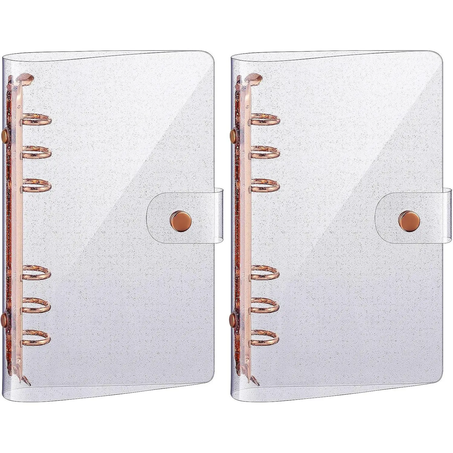 2 count Clear A6 Binder Glitter A6 Budget Binder PVC 6 Ring Cover Rose  Soft Notebook Transparent Shell Snap Button Closure Loose Leaf Folder for School Office Refillable Travel Meeting
