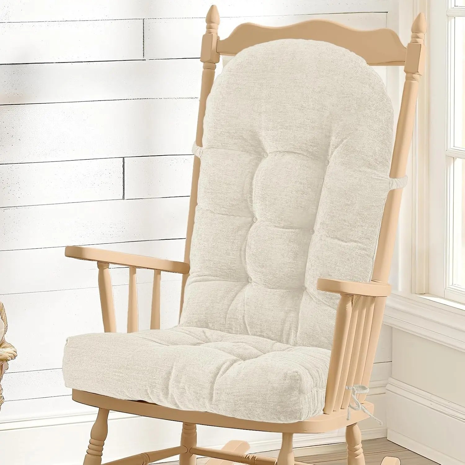 Rocking Chair Cushion - Soft Chenille Fabric Seat Pad with Tufted Design, Non-Slip Bottom and Secure Ties, for Glider, Adirondack and Indoor Rocker Chair, 44x19x4 Inch, Oyster White