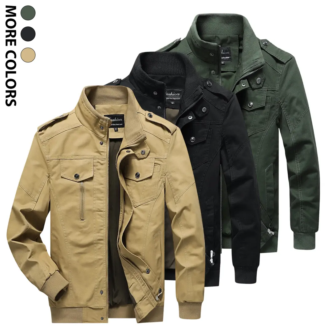 Men's Cotton Military Jacket Cargo Tactical Bomber Outwear Stand Collar With Ribbed Knit Lining Shoulder Epaulets Multi Pocket Utility Work Flight Combat Army Field Windbreaker Lightweight Full Zip Up Snap Button Storm Flap Casual Loose active More-Colors