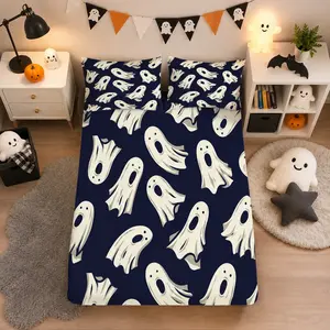 Halloween Fitted Sheet 3 Piece Set, 1 Fitted Sheet and 2 Pillowcases, Cute Ghost Pumpkin Skull Elements Single-Sided Print, Elastic Edge Mattress Cover Bed Sheet for Bedroom, Dorm and Guest Room