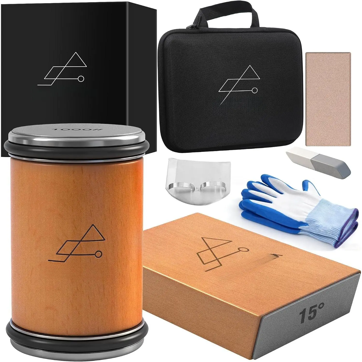 Rolling  Sharpener Kit,  15? & 20? Angle Guide, 1000 & 3000 Grit  & Ceramic Discs, 7- Set with Leather Strop, Gloves & Carry Case