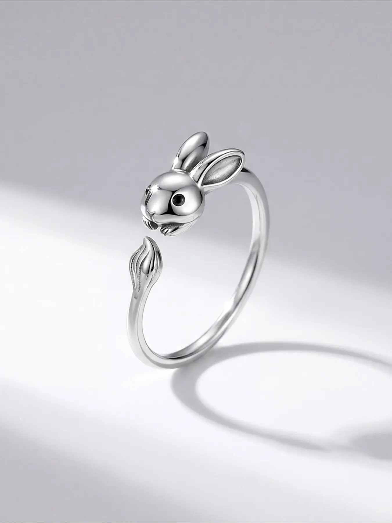 Unisex Bunny Open Ring, Silver Plated, Adjustable Band with Cute Rabbit Figure, Fun Animal Jewelry