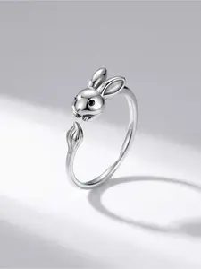 Unisex Bunny Open Ring, Silver Plated, Adjustable Band with Cute Rabbit Figure, Fun Animal Jewelry