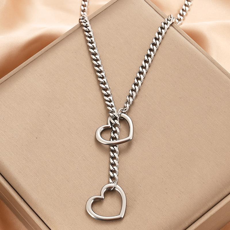 Silver Slip Chain Star O-Ring Lock Open Heart Charm Lariat Necklace for Women Punk Rock Cuban Link Chain Pendant Y Necklace