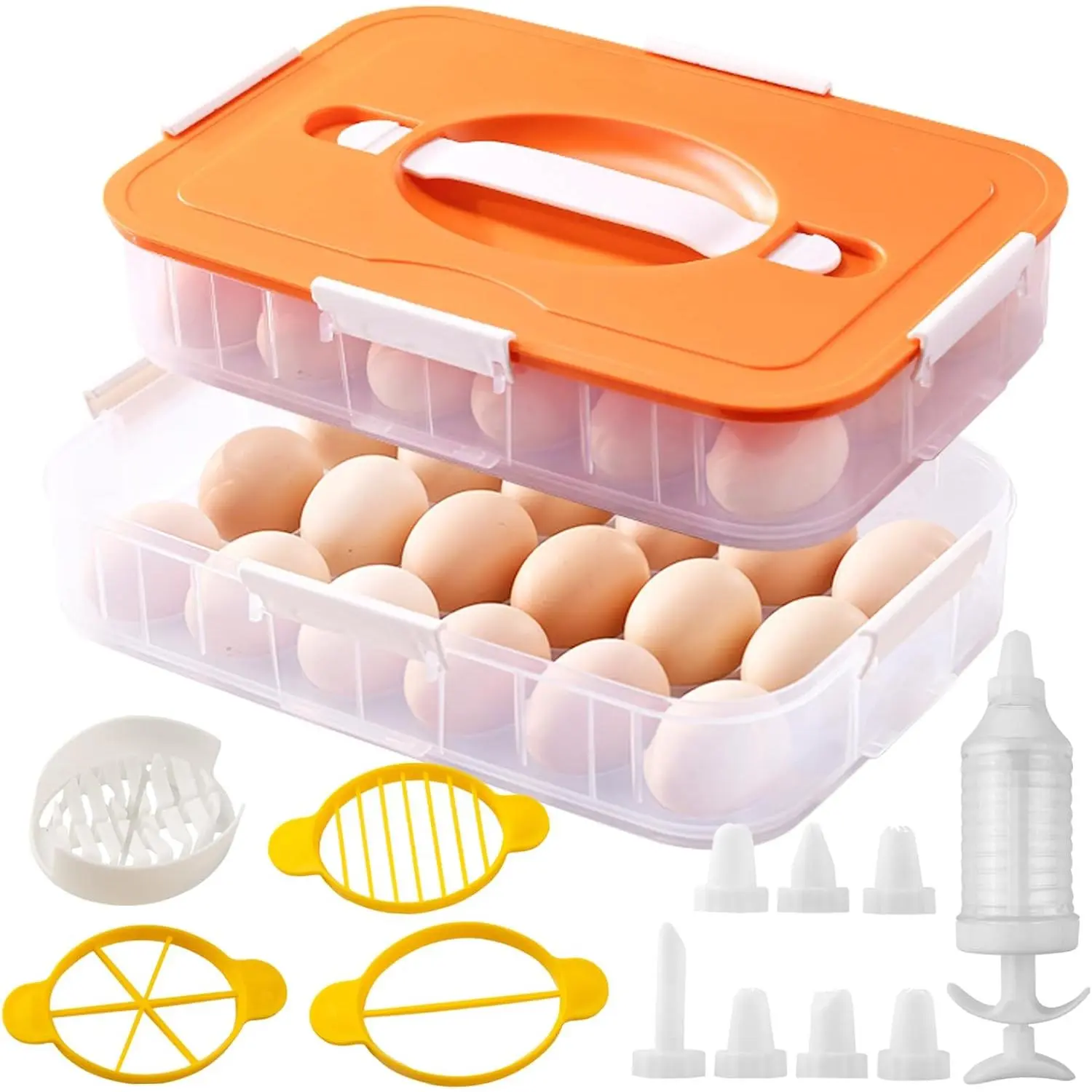 2 Layer Deviled Egg Containers with Lid, 36 Slots Deviled Egg Tray Carrier | with Handle and Injector Piping Tool, Fridge Stackable Portable Clear Storage Egg Platter for Party Picnic Travel (Orange)