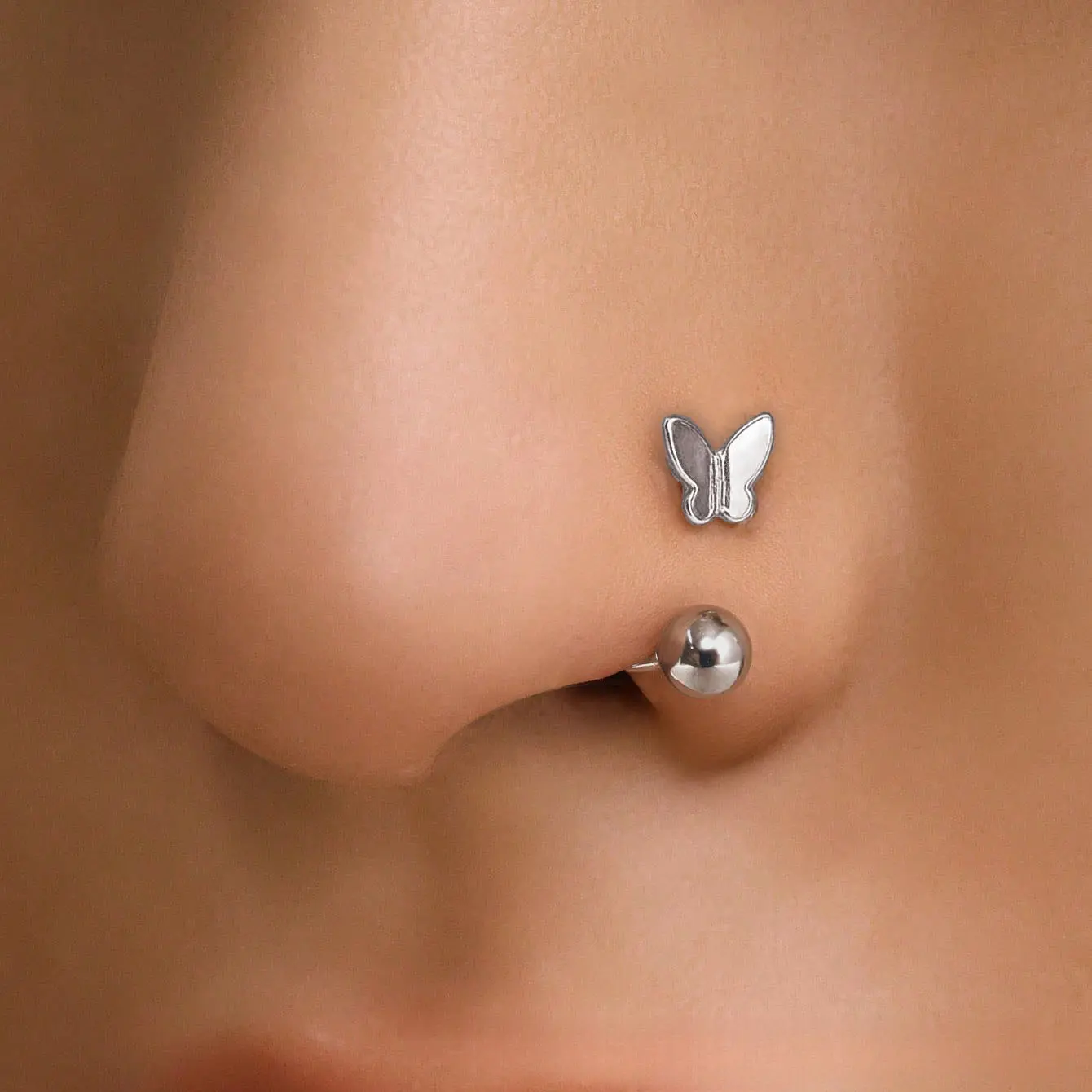 Women's Stainless Steel L-Shape Butterfly Curved Nose Stud, Gold-Silver Tone Piercing Body Jewelry
