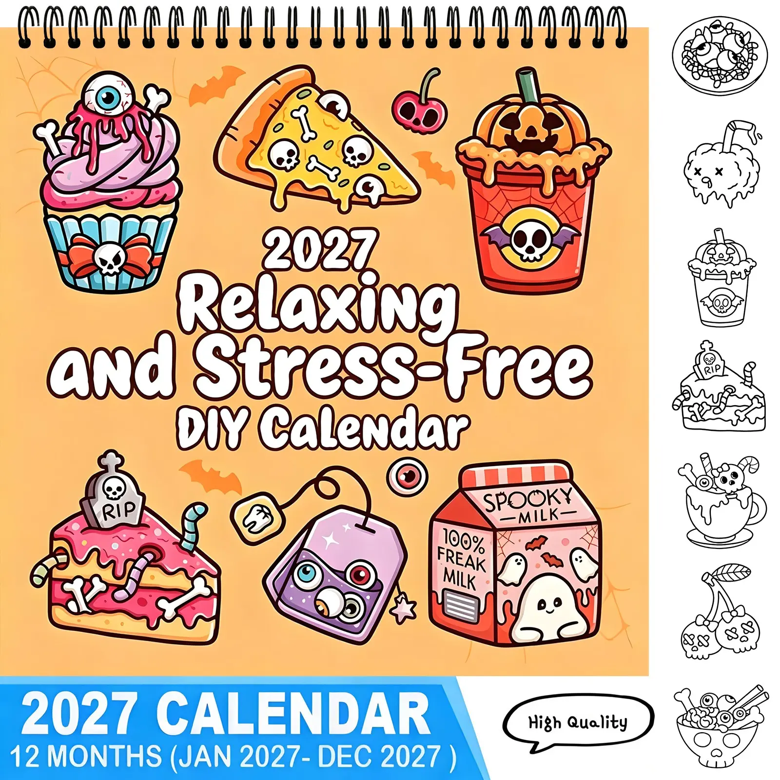 2027 Spooky Cute Halloween DIY Coloring Calendar 12 Months Stress Relief Relaxing Hand-drawn Line Art Calendar Spooky Sweet Monster Theme Art Craft Gift for Adults Kids,aesthetic calendar,calendar gift,TikTokMadeMeBuyIt,coloring calendar