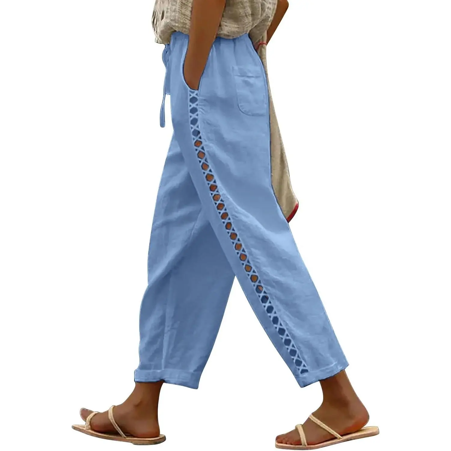 Women's Petite Linen Capri Pants with Drawstring Elastic Waist, Lightweight Casual Summer Beach Clothes, Casual Outdoor Trousers, Drawstring Fit