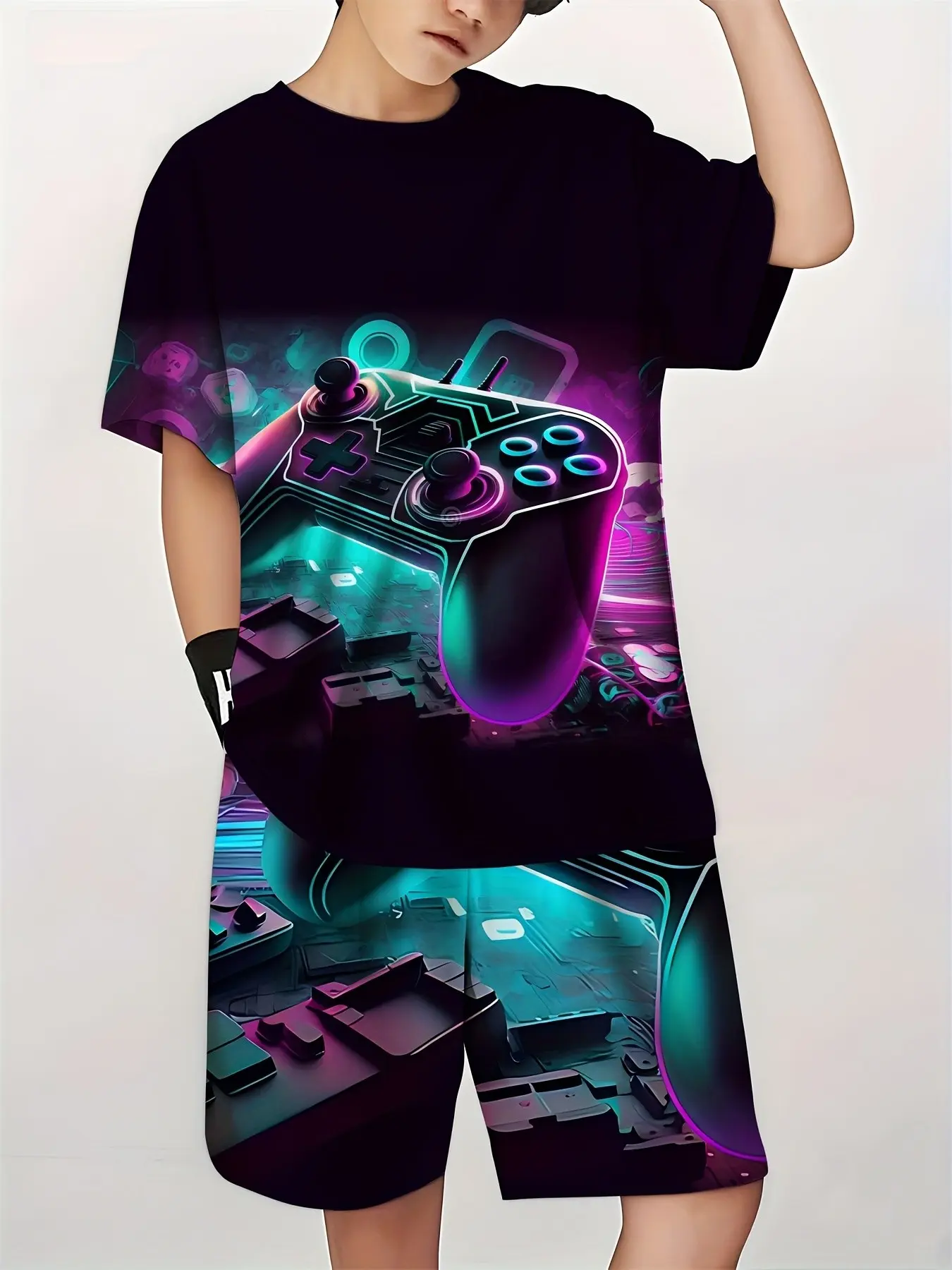 Esports Theme Trendy Short Sleeve Set, Unisex Graphic Tee and Shorts Combo, Game Controller Pattern Casual, Loose-Fitting