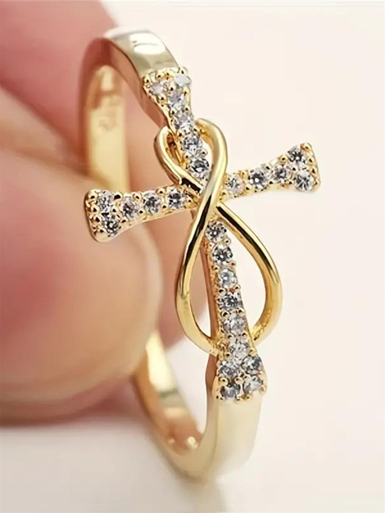 Fashion Rhinestone Cross Design Ring, Rhinestone Decor Ring, Fashion Engagement Rings, Wedding Engagement Bridesmaid Costume Dress Prom Jewelry, Trendy All-match & Exquisite Jewelry for Birthday Gift for Women & Girls, Valentine's Day, Gift