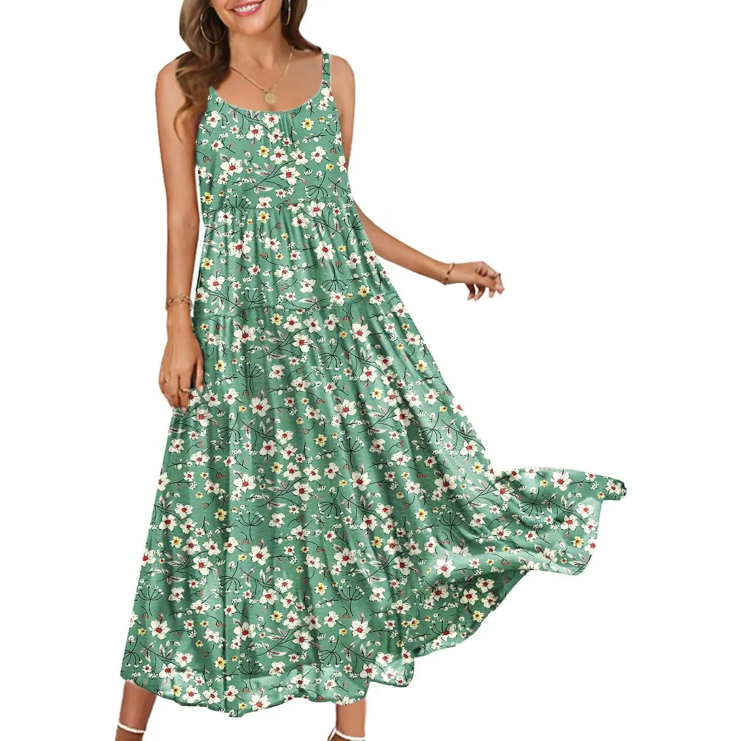 Women's Cotton Sleeveless Bohemian Spaghetti Strap Maxi Dress - Casual Clothes, Loose Floral Flowy Swing Silhouette Sundress, Piece