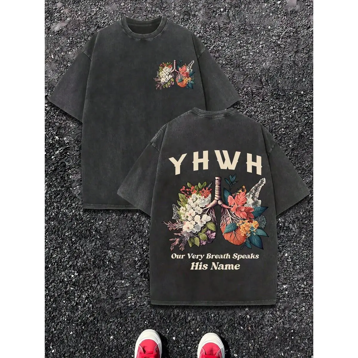 Men's YHWH Heart And Floral Design Short Sleeve Washed T-Shirt Casual  Tee With Inspirational Quote Perfect For Everyday Wear And Unique Gifts,Women's and Men's Casual Street Style T-Shirt