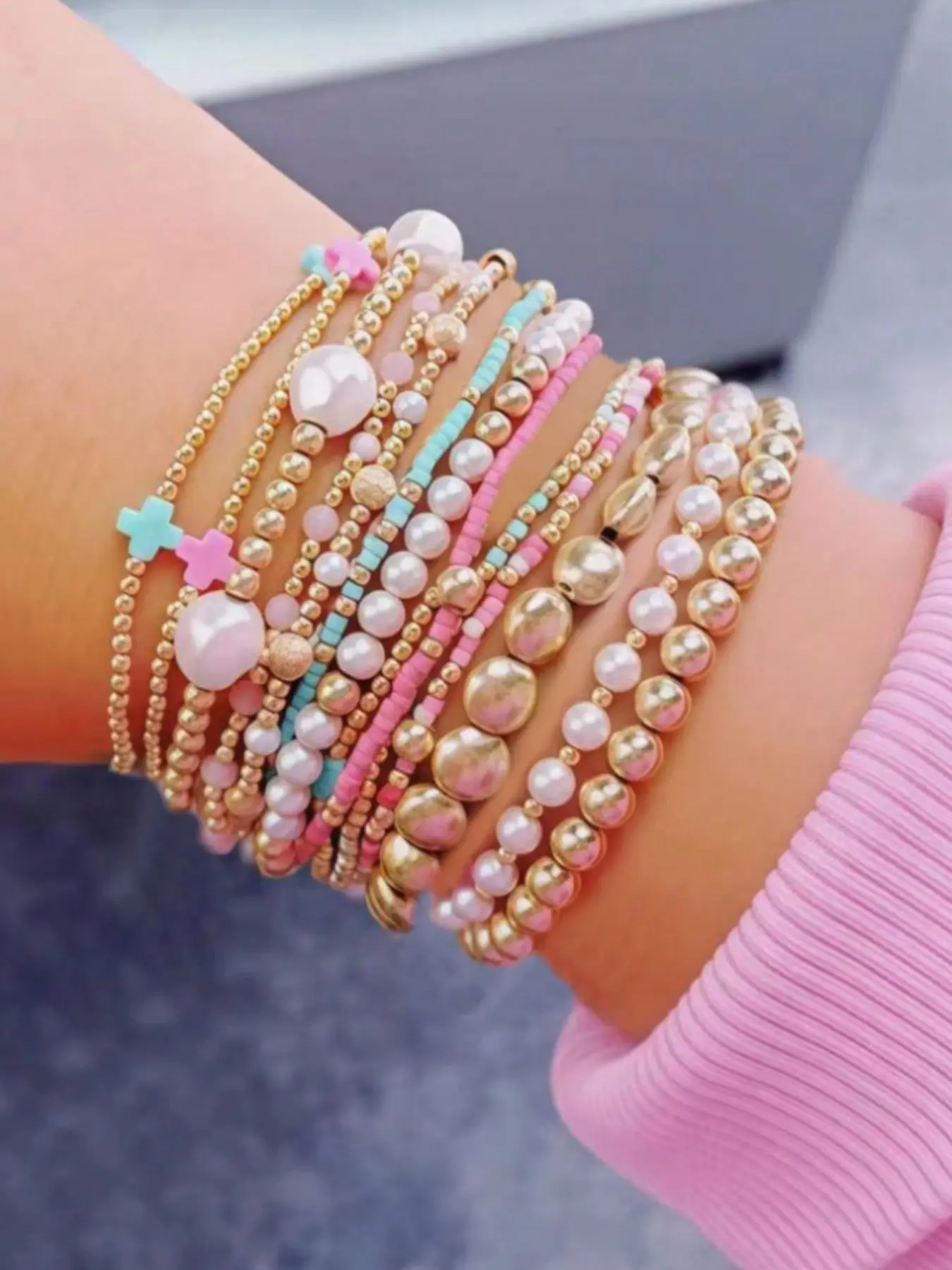 13pcs Women's Cross Bracelet Set, Colorful Beads, Ccb Beads, Faux Pearl Multi-Layer Elastic Bracelets, Perfect Birthday Gift for Her