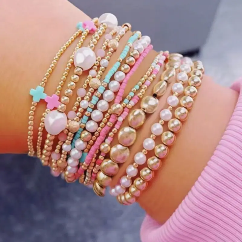 13pcs Women's Cross Bracelet Set, Colorful Beads, Ccb Beads, Faux Pearl Multi-Layer Elastic Bracelets, Layered Bracelet Set, Perfect Birthday Gift for Her