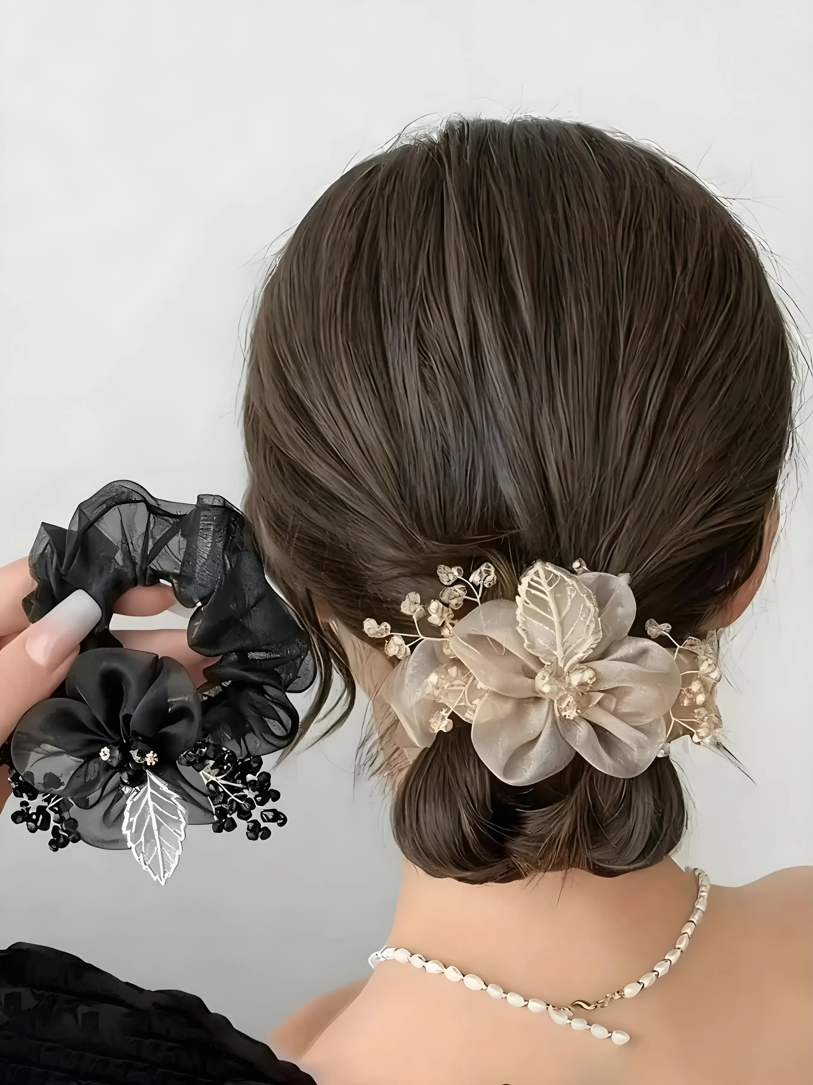 2Pcs Organza Flower Hair Scrunchies Set for Women, Delicate Starry Bead & Embroidery Leaf Design Sheer Bow Hair Ties, Elegant Floral Hair Accessories for Daily Date Wedding, Perfect Holiday Christmas Stocking Filler Gift for Girls