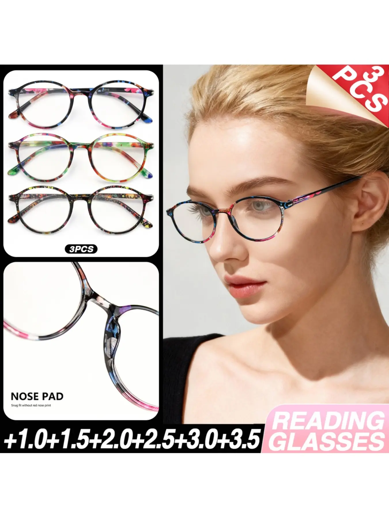 3 Pairs Elliptical Fashion Reading Glasses, Trending Eyeglasses, Soft Temple Fit, Lightweight, Unisex Prescription Eyewear, Stylish Floral Design