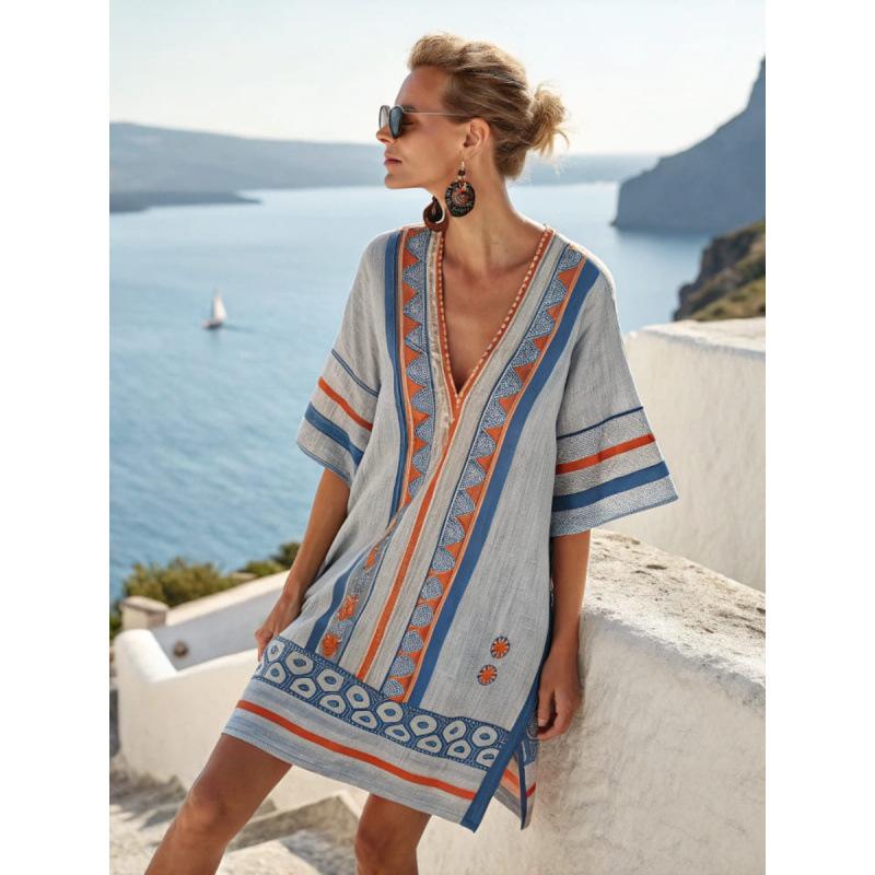 2026 New Hot-Selling Beach Vacation Style V-Neck Bohemian Printed Loose Beach Dress Vacation Style