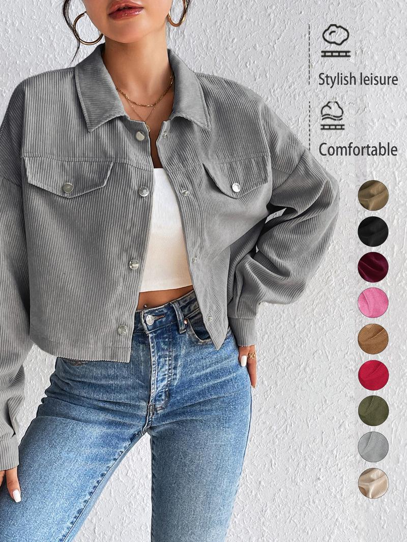 Women's Solid Button Front Drop Shoulder Corduroy Jacket, Casual Long Sleeve Flap Detail Collared Outerwear for Spring & Fall, Ladies Clothes for Daily Wear