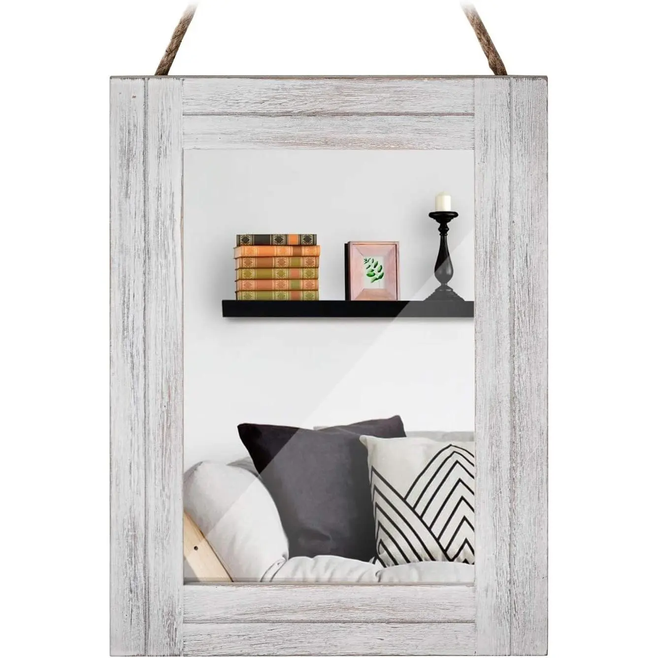 12"×16" Rustic Look Rectangle Wall Mirror with Distressed White Wood Frame, Hanging Rope for Bathroom Vanity, Living Room Indoor Furniture Decor, Flat Back, One-Piece