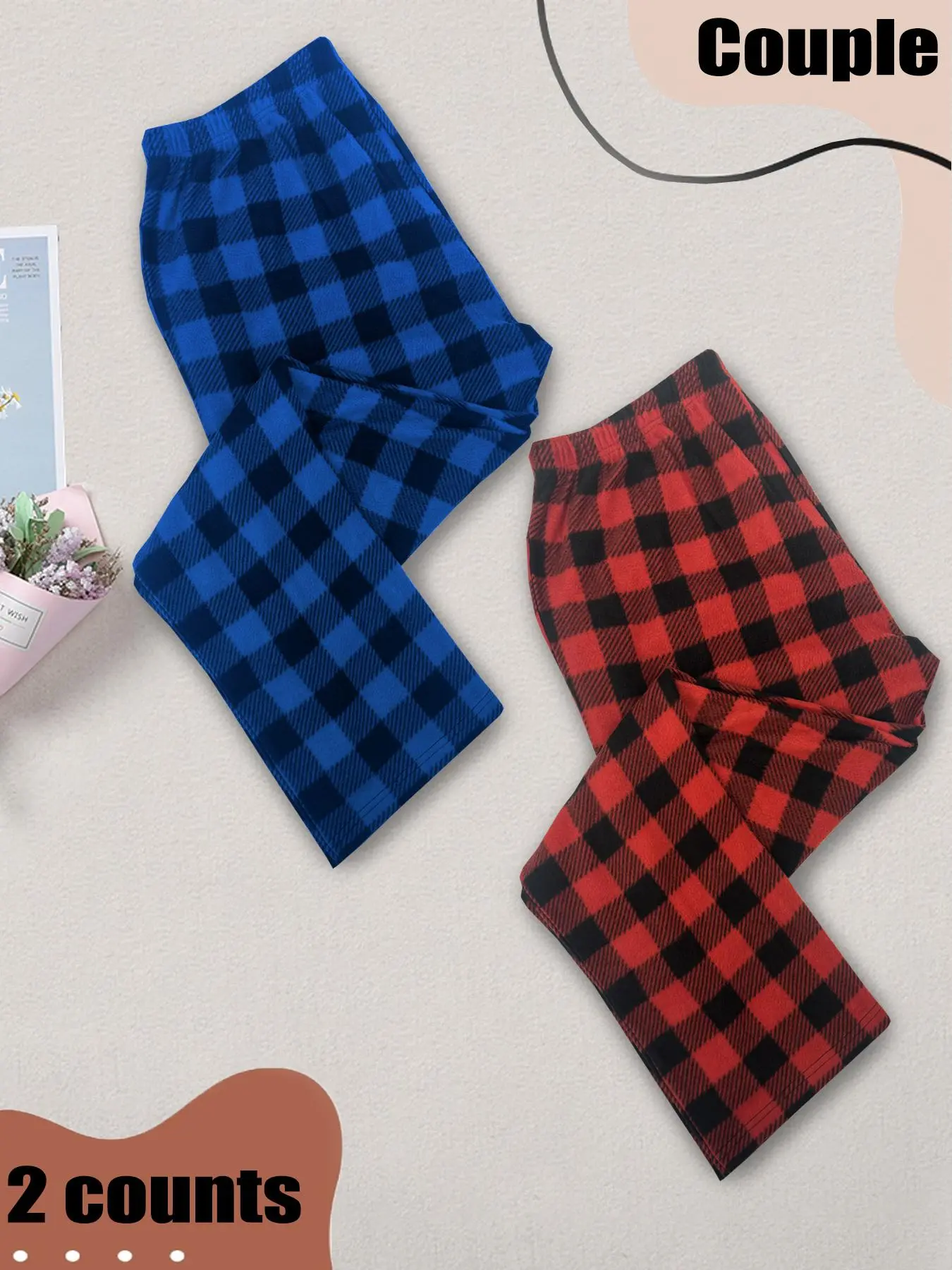 Couple Christmas Pyjama Bottoms with Pockets Plaid Print Elastic Waist Sleep Pants, Casual Comfy Trousers for Fall & Winter, Mens /Womens Sleepwear for Indoor Wear