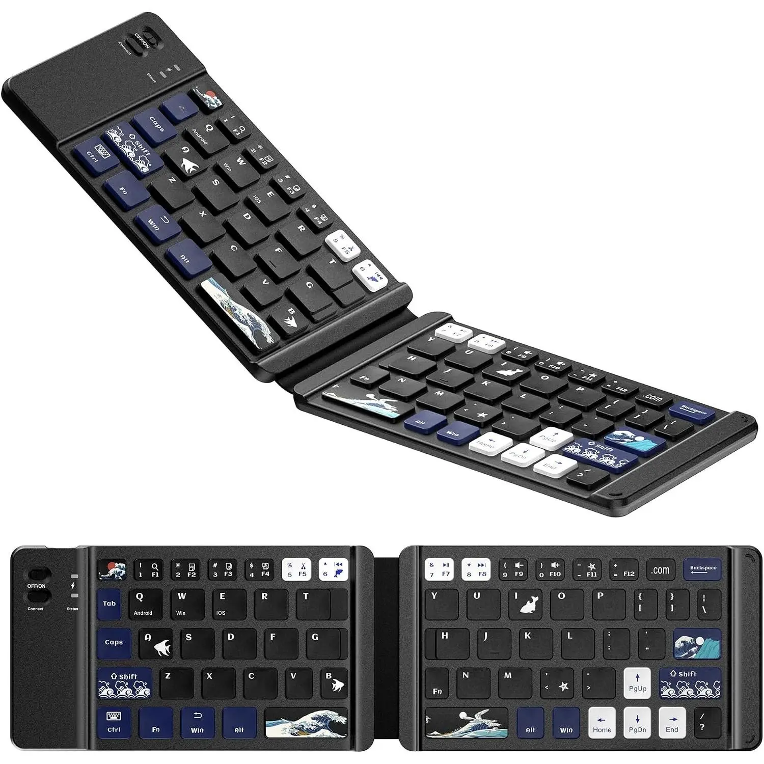 XVX WK60 Foldable  Keyboard for iPad, , MacBook, Android & Windows,  Kanagawa Wave Art Design,Ultra-Portable  Keyboard with  5.0 & 20H  - Black
