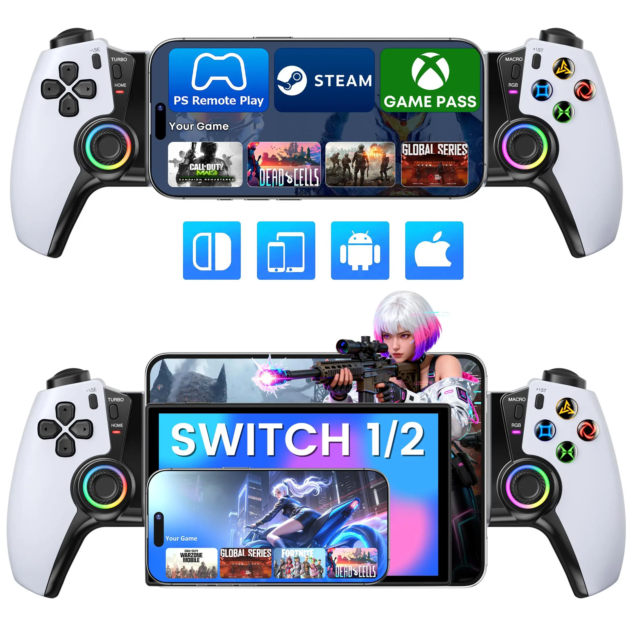 BEBONCOOL Stretchable Mobile Game Controller for iOS & Android – Hall Effect Joysticks with Analog Triggers, Compatible with Switch/Switch OLED/Switch 2, Low-Latency Bluetooth for Cloud Gaming & FPS