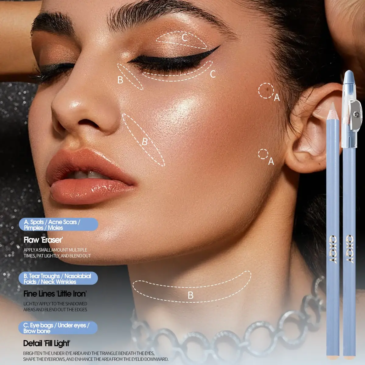 2-Color Concealer Pen, Soft Texture, Long-Lasting, Covers Blemishes, Dark Circles, Korean Makeup, Natural Finish, Single Item