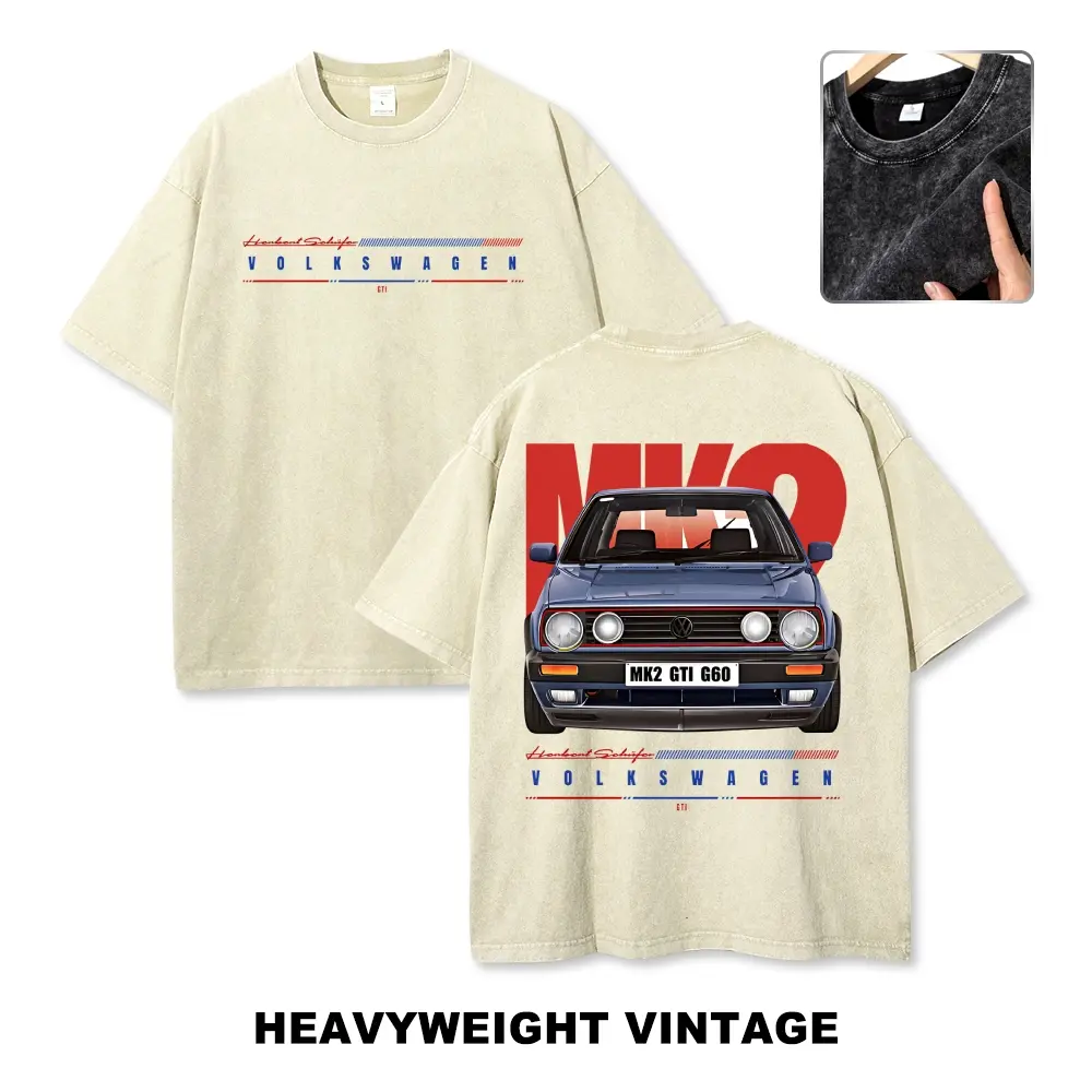Heavyweight Vintage Wash Beige Graphic Tee | Unisex Oversized "VW Golf MK2 GTI" Streetwear T-Shirt | Retro Euro Car Graphic Shirt Car Guy Gift Y2K