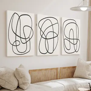 2D canvas art, 3-piece beige minimalist line art canvas set, with wooden frame, perfect for living room and bedroom decoration