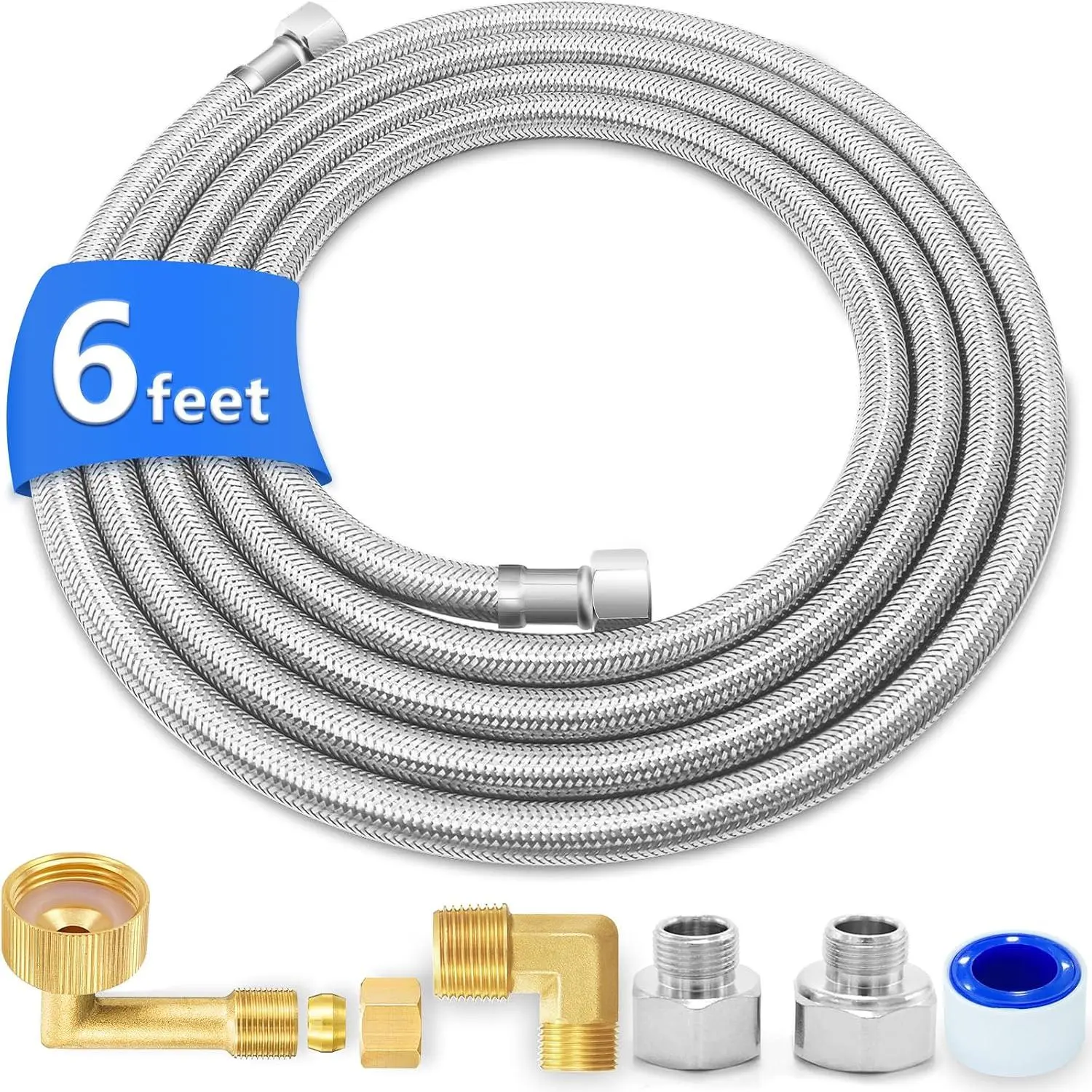Dishwasher Installation Kit - 6 FT  Line with Brass Elbows & Adapters |  Grade PEX Inner Tube,Stainless Steel Braided,3/8" Comp Fitting Hose with 3/8"MIP and 3/8"x 3/4" FHT Elbows,1/2" Adapters