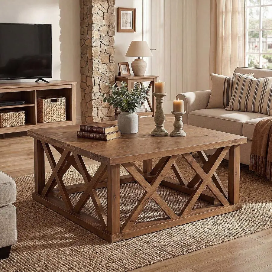 Farmhouse Solid Wood Coffee Table with Wood Grain, 39.37"x39.37" Brown Finish, Reinforced X-Frame Legs, Quick Set-Up for Living Room Indoor Furniture