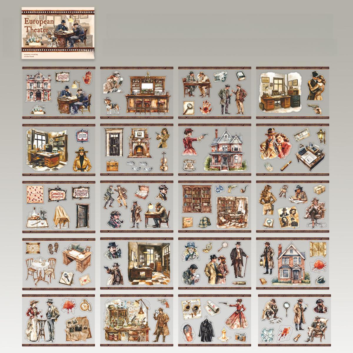 4 designs, 1 pack 20 vintage stickers with detective, ball, cowboy, nautical themes, minimalist style, PET waterproof material, self adhesive DIY planner decoration scrapbook sticker pack