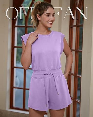 OFEEFAN Rompers for Women Summer Cap Sleeve Adjustable Drawstring Waistband Crewneck Casual Outfits with Pockets
