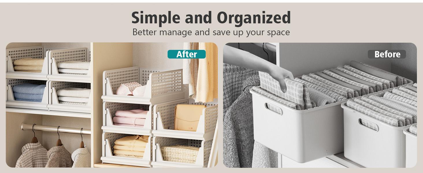 Stackable Plastic Storage Basket Closet Organizer Bin Foldable Clothes Organizer Storage Drawer Shelf Container For Living Room,Bathroom,Kitchen,Office