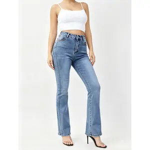 Streetwear Micro Flare Jeans in Light Blue Denim with Rhinestone Embroidery, a Hollow Out Hem, and Medium Stretch