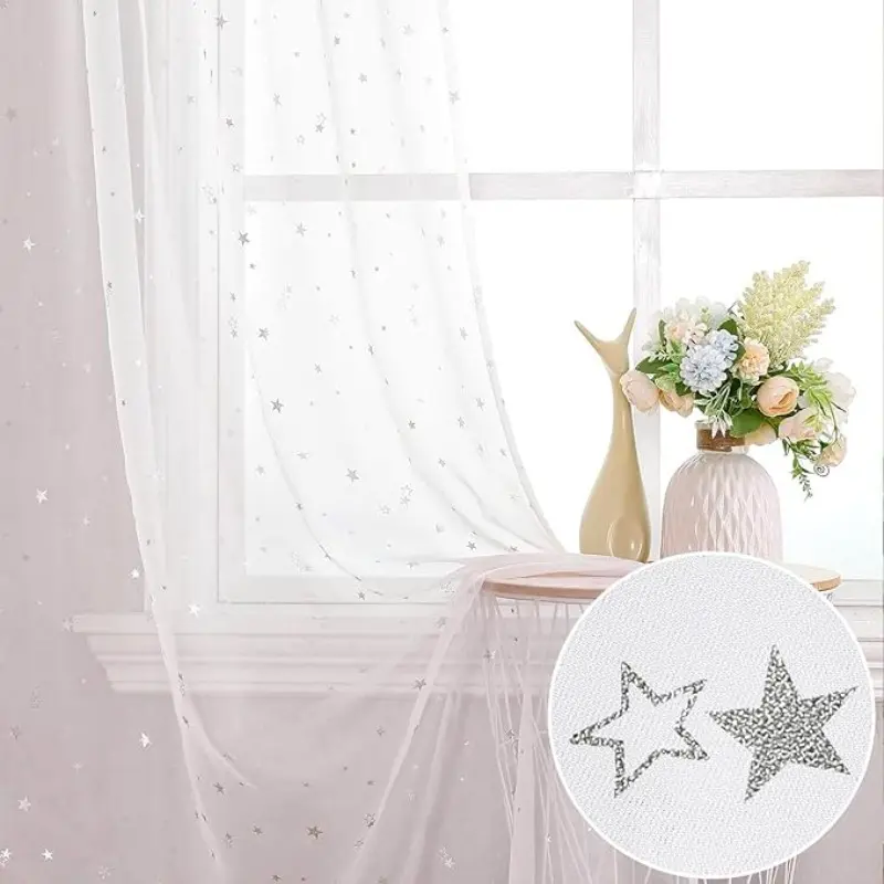 1‑Panel Silver Star Hot‑Stamped Sheer Curtain, Rod Pocket Design, 100% Polyester, UV‑Protection for Bedroom Living Room Holiday Decor