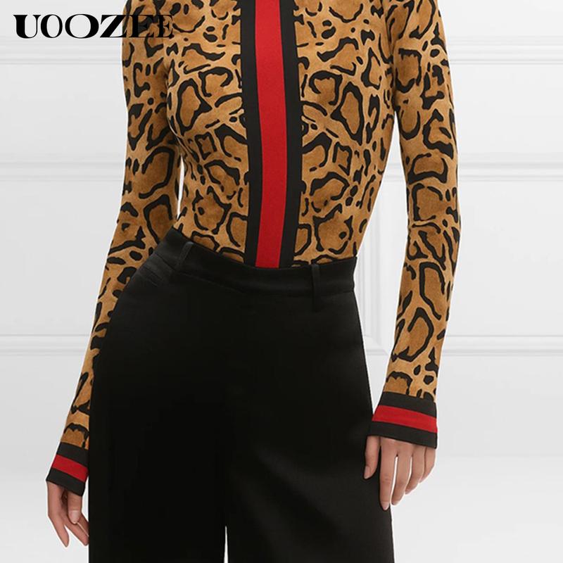 UOOZEE Women's New Fashion Retro Leopard Print Tight-fitting Skinny Contrast Turtleneck T-shirt Top Bottoming Shirt Red and Black Contrast Stripes Spring, Autumn(Sizing Runs Small - Check Size Guide or Order Larger) Casual Long Sleeve cute fall outfits