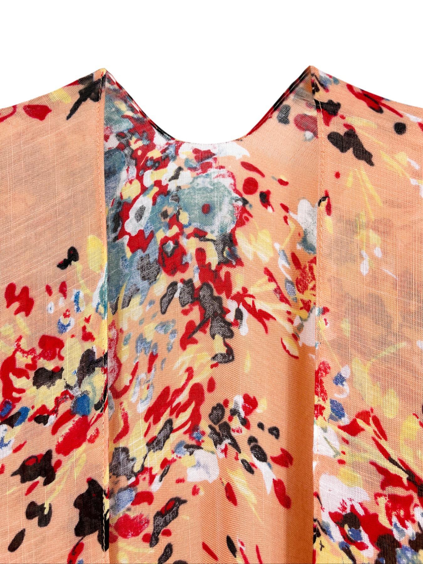 Women's All Over Print Batwing Sleeve Cover Up Top, Casual Split Hem Half Sleeve Cover Up for Beach Holiday Vacation, Boho Summer Outfits, Beach Cover Up, Swimsuit Coverup, Ladies Summer Clothes