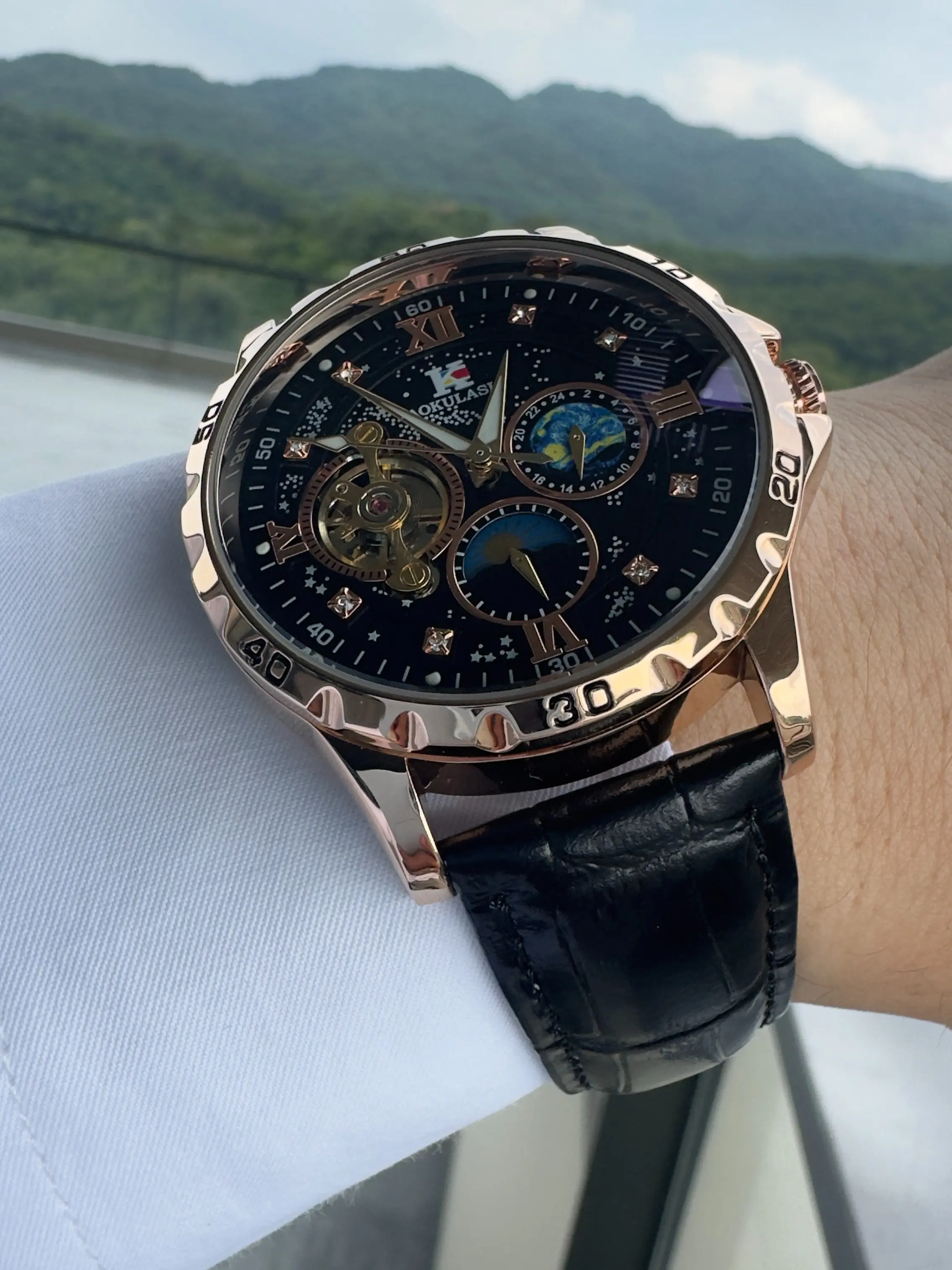 1pc Luxury Business Skeleton Automatic Mechanical Watch for Men Luminous Hands Top Brand Leather Strap Fashion Moon Phase Tourbillon Mens Watches