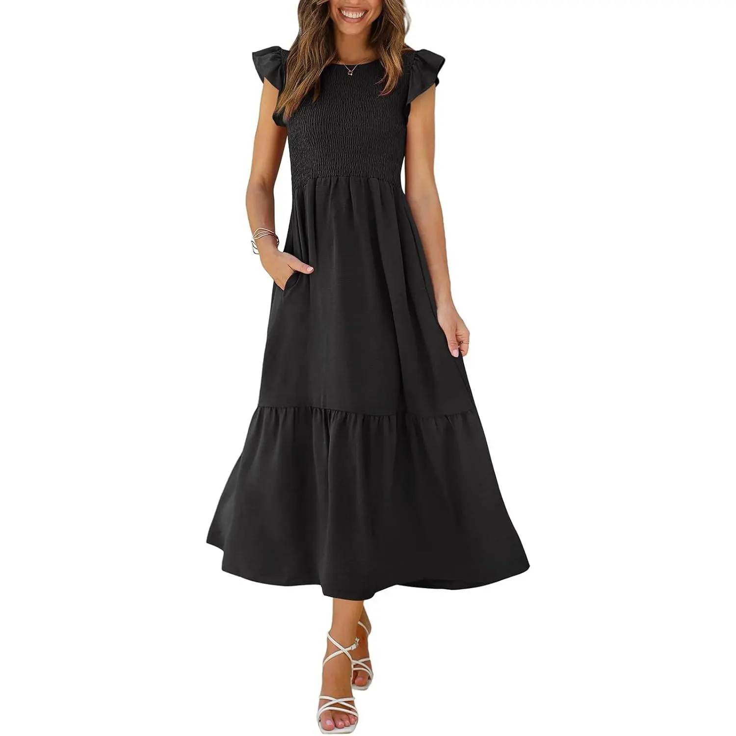 Women's Cute Smocked Maxi Dress with Ruffle Sleeve and Pockets, Tiered Feminine Gown for Casual Wear, Bridal Shower, Vacation, Dressy, Family, Flutter Sleeve, Hand Wash, Tiered Dress, Beach, Calf To Ankles, Cold Wash, Do Not Bleach, Holiday, Ladies, Ruffl
