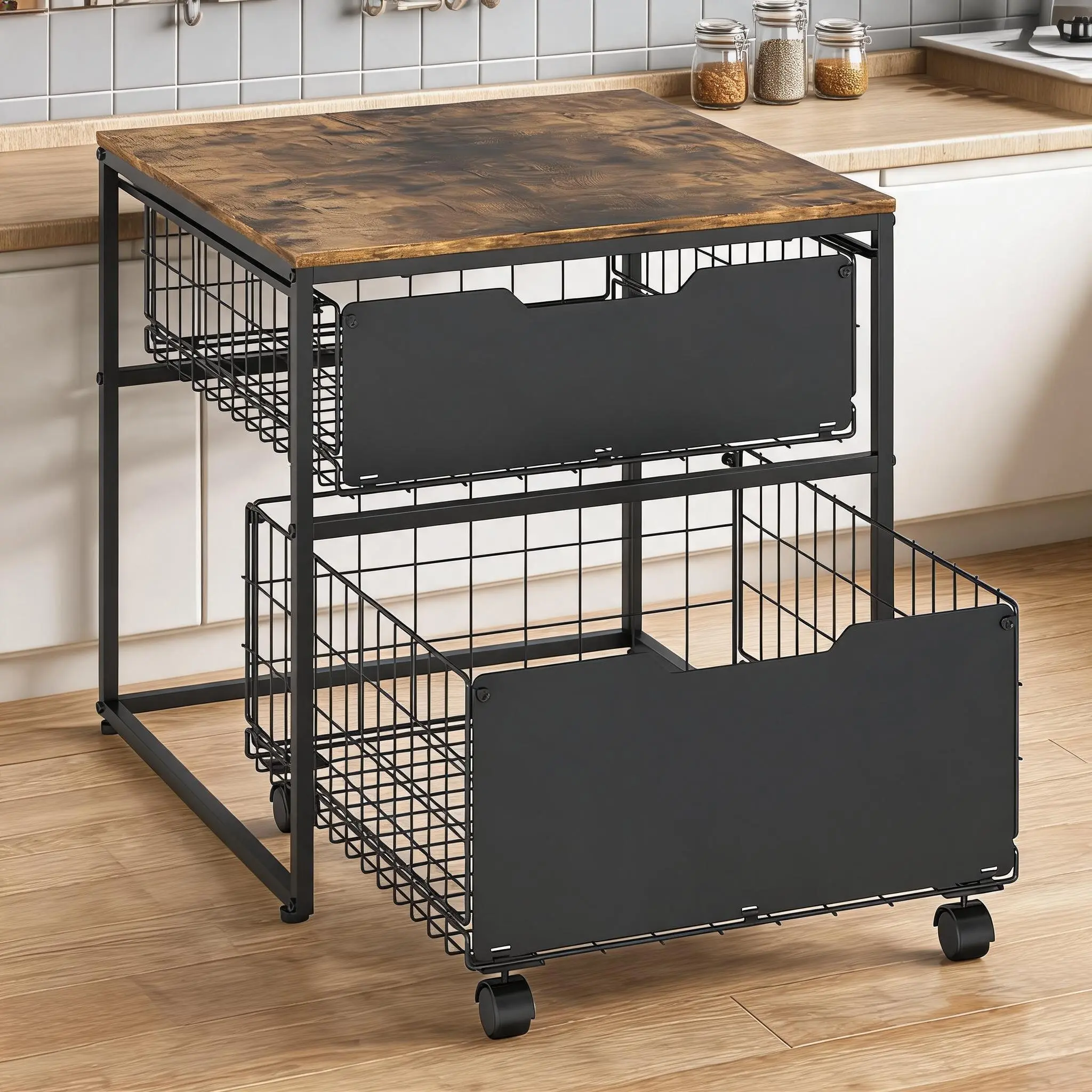 22x22" Small Fridge Stand with Metal Storage Drawer Basket, 300lb Heavy Duty Mini Fridge Table with Wheels, Compact Kitchen Organizer, Black
