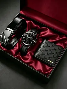 Men's Fashion Analog Quartz Watch Set with Wallet and Belt, Elegant Gift Box, Ideal for Business Casual Wear, Birthday, Father's Day, Easter