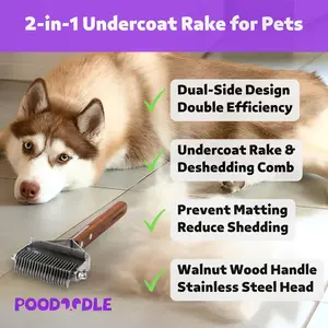 2 in 1 Dogs Cats Dematting Grooming Comb, Perfect Deshedding Undercoat Rake for Poodle & Goldendoodle, Efficiently Detangling Loose Hair & Matted Fur, All Long Haired Pet Dark