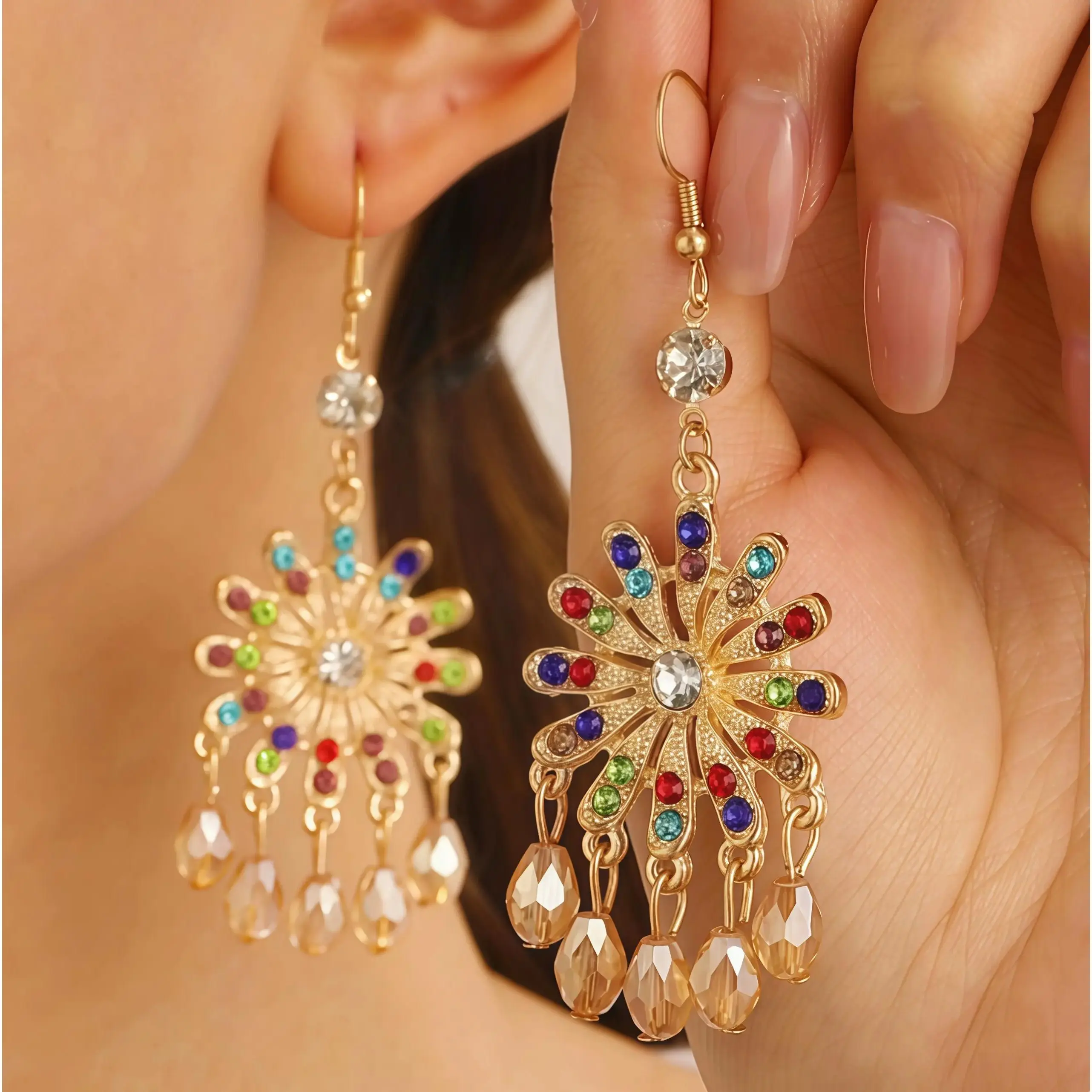 Bohemian Vintage Tassel Dangle Earrings Set, Ethnic Floral Sunburst Rhinestone Drop Earrings, Hollow Carved Round Hoop Beaded Chandelier Earrings for Women Wedding Party Daily Jewelry Gift