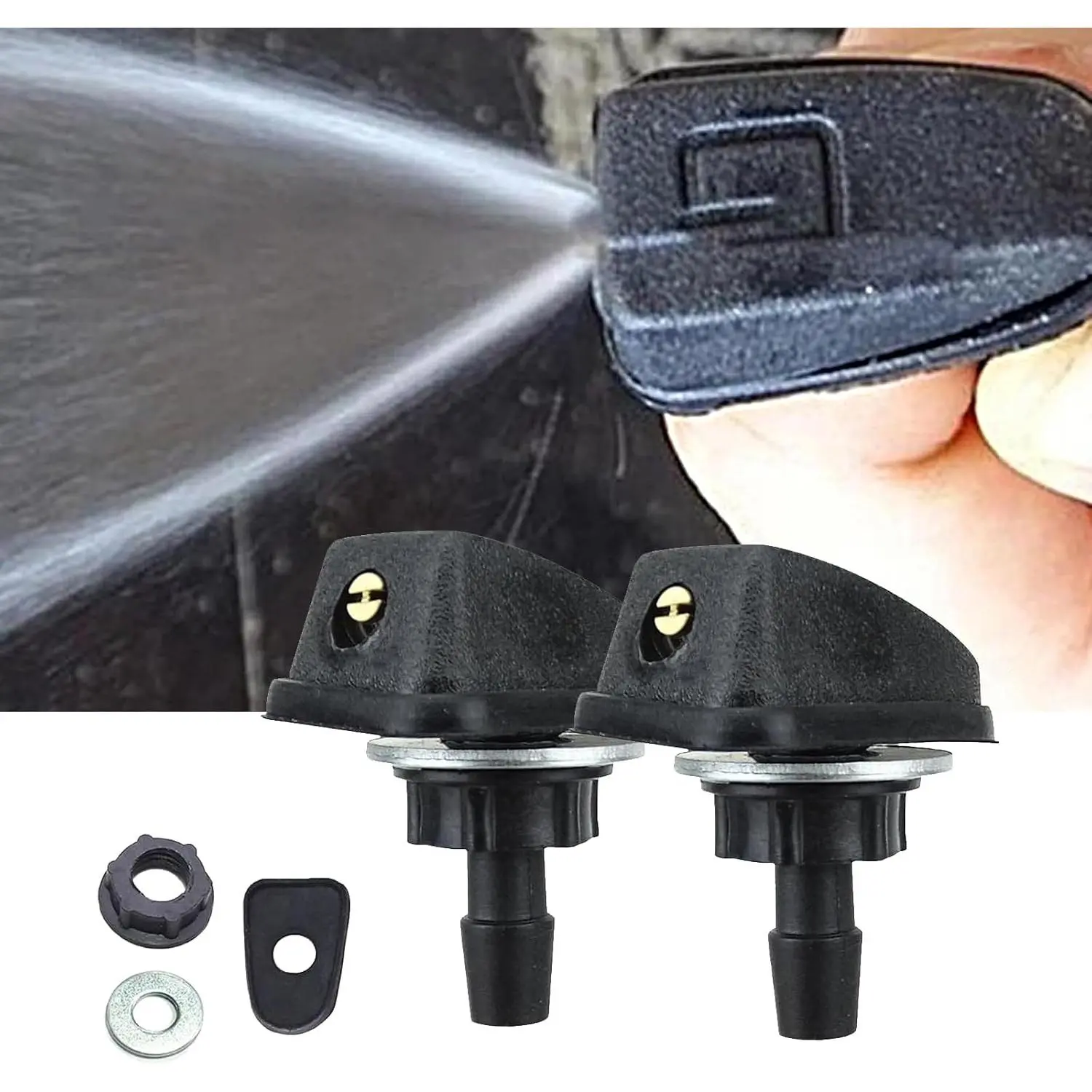 Pack-2  Wiper Nozzles, 0.31" Front Windshield Washer, Single Hole Adjustable Sprayer  Kit, Automotive Fan-shaped Washer ,  for  (Black)