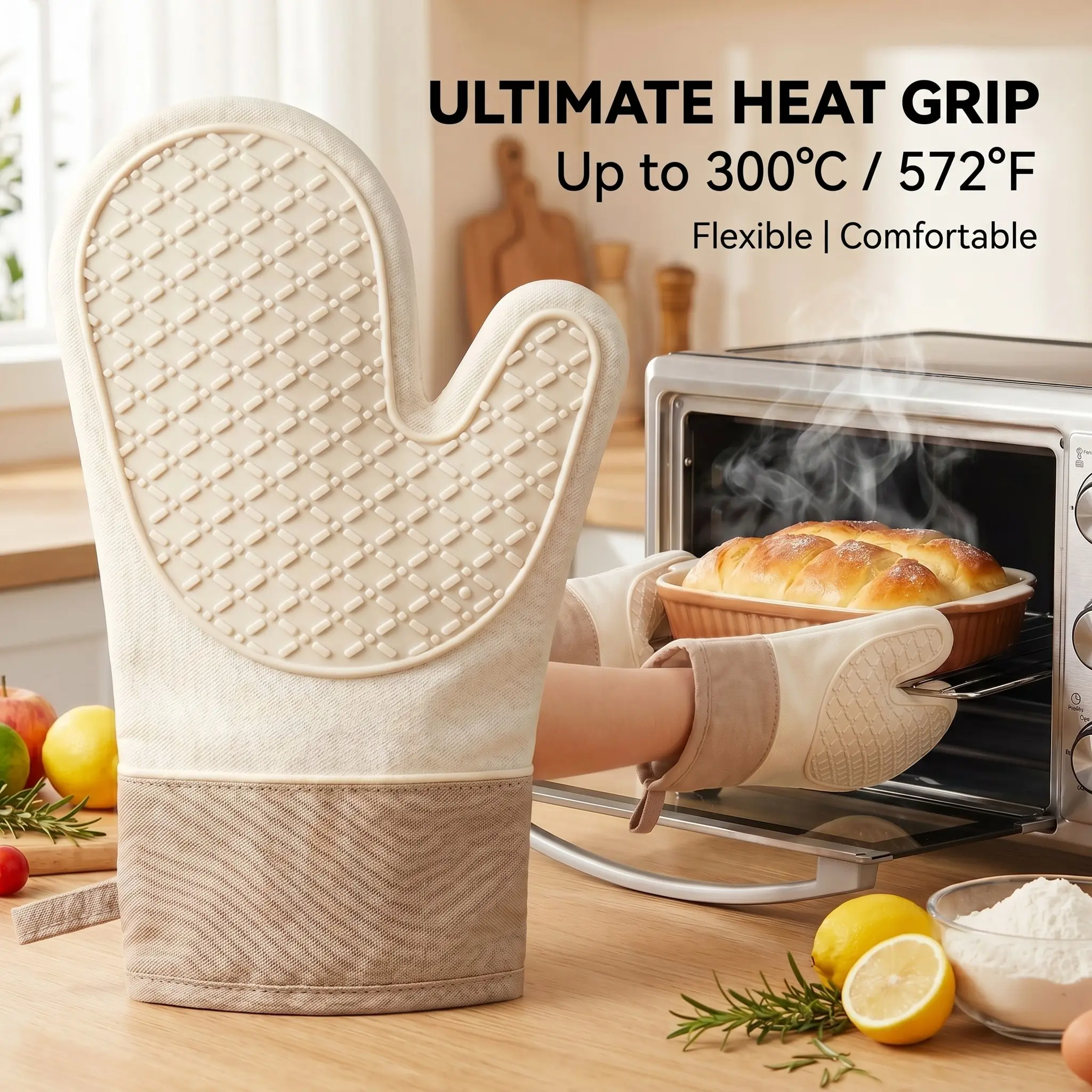 Silicone Oven Mitt Heat Resistant Cooking Glove, Non-Slip Diamond Textured Kitchen Baking Mitt with Extended Cotton Wrist Protection, Single Pack 1 PC