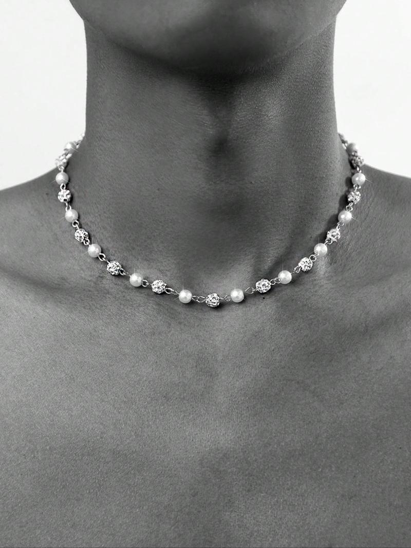 Faux Pearl & Rhinestone Decorated Necklace, Elegant Rhinestone Necklace, Punk Style Jewelry for Party, Daily Clothing Decor, Trendy All-match & Exquisite Jewelry for Birthday Gift