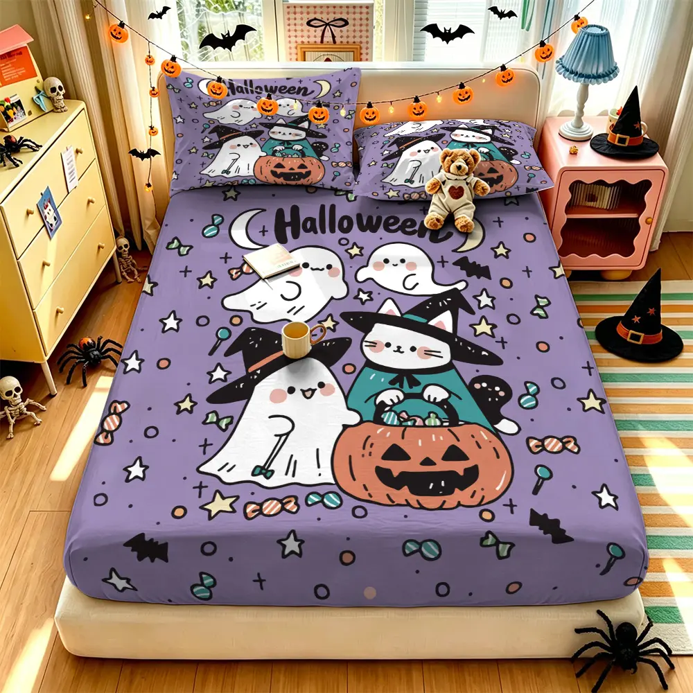(1 fitted sheet + 2 pillowcases, no filler),Halloween Ghost Cat Pattern,Multi-size fitted sheet 3-piece set, soft skin-friendly & machine washable, all-season bedding for home decor, perfect gift choice for bedroom