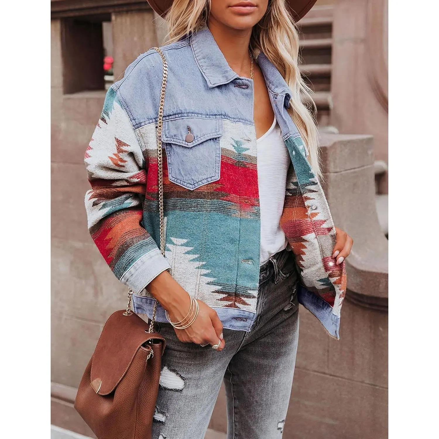 Women's Aztec Denim Jacket Distressed Lapel Long Sleeve Vintage Button Down Denim Jacket Shacket